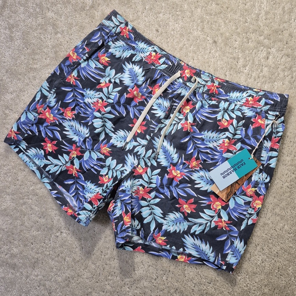 Fair Harbor Bungalow Swim Trunks Mens 3XL Blue Shorts Floral Lined Hawaii New